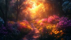Enchanted Forest Path Wallpaper, Blooming Flowers 4K Desktop Background
