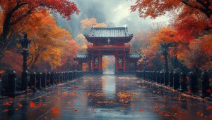 Autumn Japanese Temple Gate Mobile Wallpaper, Rainy Fall Season Background