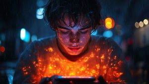Boy Looking at Phone Glowing Mobile Wallpaper 4K Background