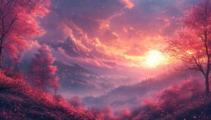Pink Cherry Blossom Mountain Sunset 4K Desktop Mobile Wallpaper