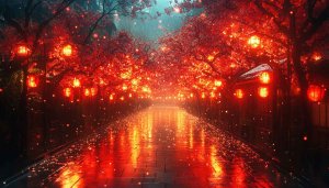 Rainy Night Red Lanterns Street 4K Mobile and Desktop Wallpaper