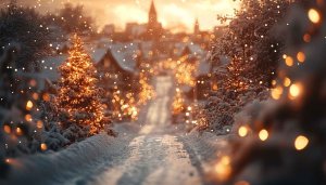 Winter Christmas Snowfall Village Scenery 4K Mobile Background Wallpaper