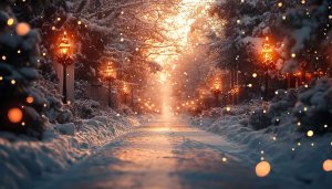 Winter Snowfall Street Lights 4K Desktop Background Holiday Wallpaper