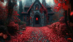 Red Gothic Cottage Core Aesthetic 4K Desktop Wallpaper Background