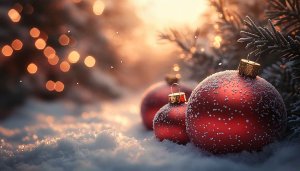 Festive Red Christmas Ornaments Snowy Ground 4K Desktop Wallpaper