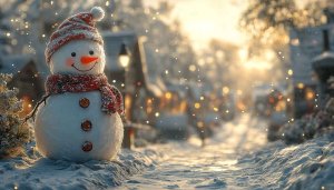 Cute Snowman Winter Village Scene Mobile Wallpaper 4K