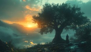 Misty Landscape Wallpaper: Silhouette Under Big Tree 4K Background