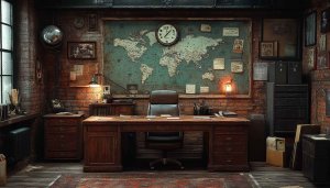 Vintage Office Map Wallpaper - Desktop Background Aesthetic World Clock