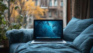 Cozy Laptop Scene with Forest Screen 4K Desktop Wallpaper