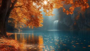 Autumn Waterfall Scenery 4K Desktop Background Aesthetic Mobile Wallpaper