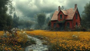 Red House in Meadow Mobile Wallpaper, Cottagecore Desktop Background