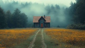 Foggy Cabin Wallpaper, Tranquil Forest Landscape Background for Desktop