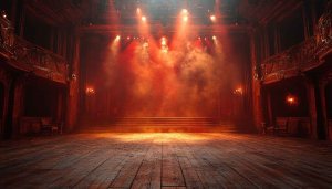 Theater Stage Wallpaper: Empty Stage Background, Red Lighting 4K Desktop