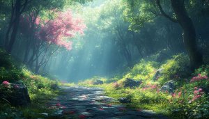 Lush Forest Path with Pink Flowers 4K Desktop Wallpaper