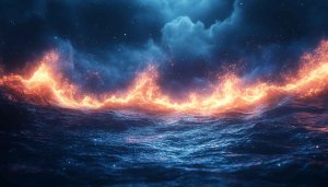 Fiery Ocean Waves 4K Wallpaper, Dark Blue Night Background