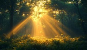 Golden Sunlight Rays Forest Scenery Nature 4K Desktop Wallpaper