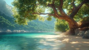 Scenic Beach Landscape Wallpaper, Turquoise Water, Tree Shade HD