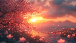 Cherry Blossom Sunset 4K Wallpaper Desktop Background Mobile Use