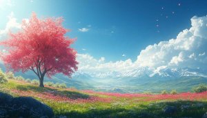 Beautiful Pink Tree Meadow 4K Desktop Wallpaper Spring Landscape