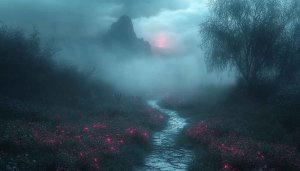 Mystical Foggy Landscape Wallpaper, Glowing Flowers, Free Mobile Background