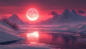 Pink Moon Over Snowy Mountains 4K Desktop Background Wallpaper