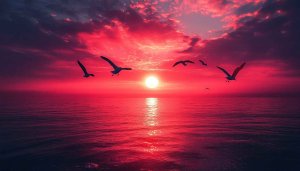 Crimson Sunset Ocean View Mobile Wallpaper With Flying Birds