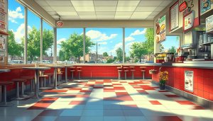Retro Diner Interior Wallpaper, Animated Restaurant Scene Background