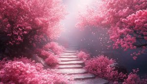 Pink Cherry Blossom Scenery Mobile Background, Stone Steps Wallpaper