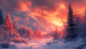 Fiery Sky Winter Landscape Wallpaper for Desktop Background Free
