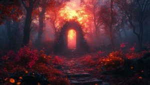 Autumn Forest Archway 4K Desktop Wallpaper, Fantasy Red Landscape