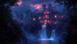 Fantasy Castle Waterfall Night Mobile Wallpaper and Desktop Backgrounds 4K
