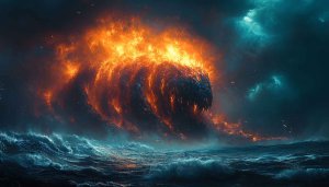 Fiery Sea Monster Wave 4K Wallpaper for Desktop Background