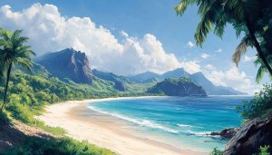 Tropical Island Beach Painting 4K Desktop Background Mobile Wallpaper