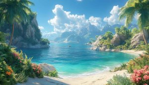 Tropical Island Beach Wallpaper, Palm Trees, Ocean Landscape Background