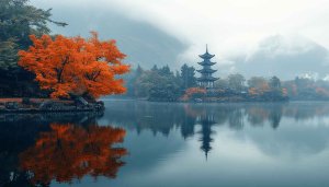 Autumn Lake Pagoda 4K Desktop Backgrounds and Mobile Wallpaper