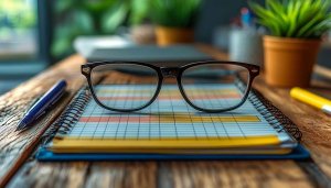 Office Desk Still Life Wallpaper, Wooden Table with Notebook