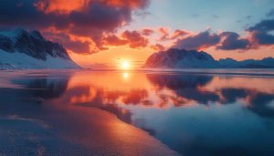 Stunning Sunrise Reflection Wallpaper: Lofoten Islands Norway Landscape 4K