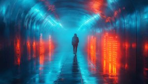Cyberpunk Tunnel Walker 4K Desktop Wallpaper - Futuristic Mobile Background