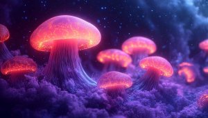 Glowing Mushrooms Fantasy Landscape 4K Desktop Background Mobile Wallpaper