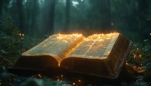Glowing Book in Forest 4K Desktop Wallpaper Fantasy Background
