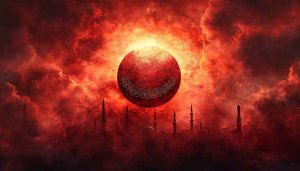 Islamic Art 4K Wallpaper: Red Moon over Mosque Minarets Background