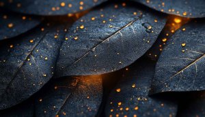 Dark Leaves Wallpaper with Golden Water Droplets 4K Background