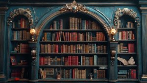Ornate Library Wallpaper: Vintage Bookshelf Aesthetic For Desktop Background