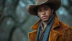 Stylish Cowboy Man Wearing Brown Coat Mobile and Desktop Wallpaper