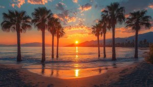 Palm Tree Sunset Beach Scenery 4K Desktop Background Wallpaper
