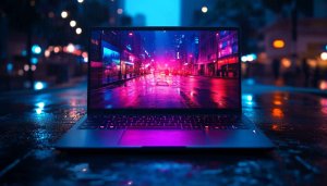 Cyberpunk Laptop Aesthetic Wallpaper for Desktop, Mobile, 4K Background