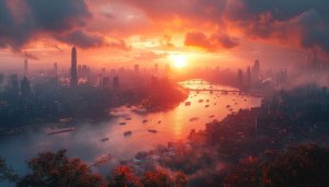 Cityscape Sunrise 4K Desktop Wallpaper, Free River Urban Background