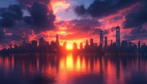 New York Skyline Sunset 4K Desktop Background Free Wallpaper