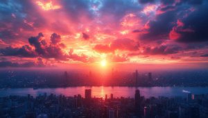 Dramatic Sunset Over Cityscape 4K Desktop Background Wallpaper