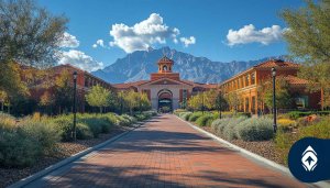 University Building with Mountain View Desktop Background 4K Wallpaper